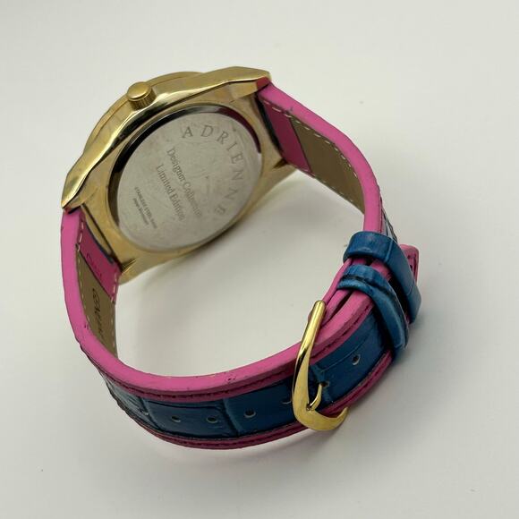Adrienne Gold Blue Crystal Bezel Pink Blue Leather Working New Battery - Picture 7 of 8